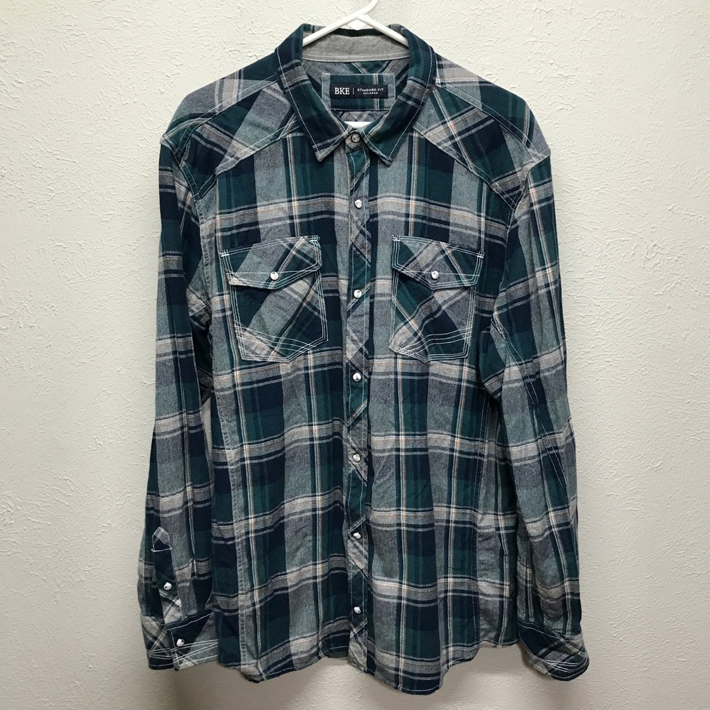 BKE Flannel Shirt Men 2XL Green Plaid Western‎ Pearl Snap Cotton Long Sleeve